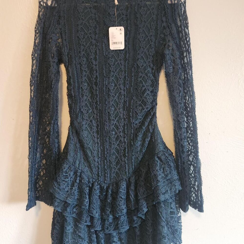 Free People Dark Teal All-Over Lace Tiered Mini Dress (NWT)